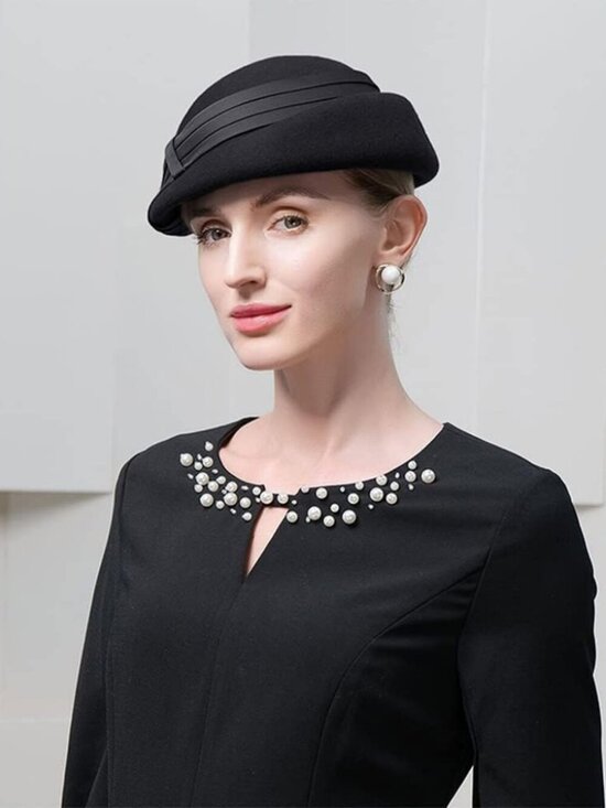 Women\'s Wool Felt Ribbon French Fashion Vintage Millinery Beret Hats Black